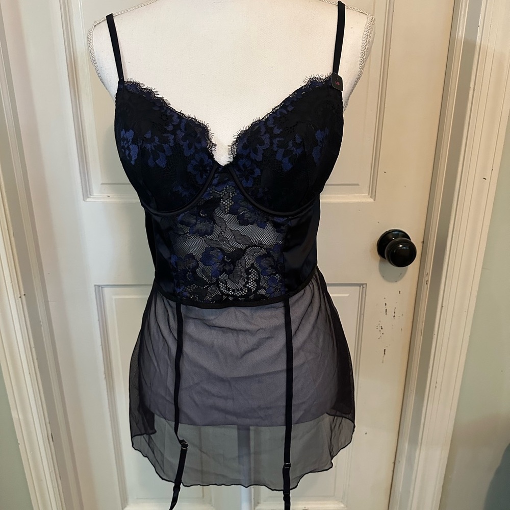 La Senza NWT‎ Gartered Chemise Lingerie Blue Black Lace Women’s Large